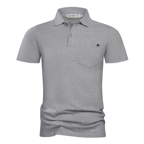 Poloshirt Herren Kurzarm Golf Polohemd Polo Shirt mit Brusttasche 100% Baumwolle Basic Sport T-Shirt Männer Grau XL von Aotoyou