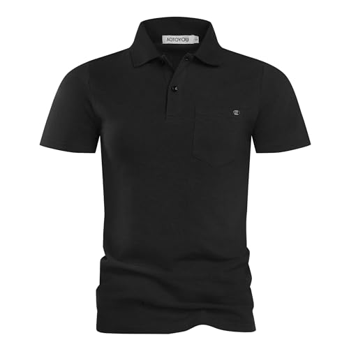 Poloshirt Herren Kurzarm Golf Polohemd Polo Shirt mit Brusttasche 100% Baumwolle Basic Sport T-Shirt Männer Schwarz M von Aotoyou