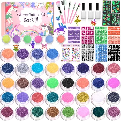 542 St Glitzer Tattoo Set Kinder, 42 Farben Temporäre Glitzertattoo für Mädchen mit 218 Strasssteine 211 Schablonen 63 Leucht Aufkleber DIY Kit Geschenk für Kinder für Geburtstag Karneval Ostern Party von Aottom