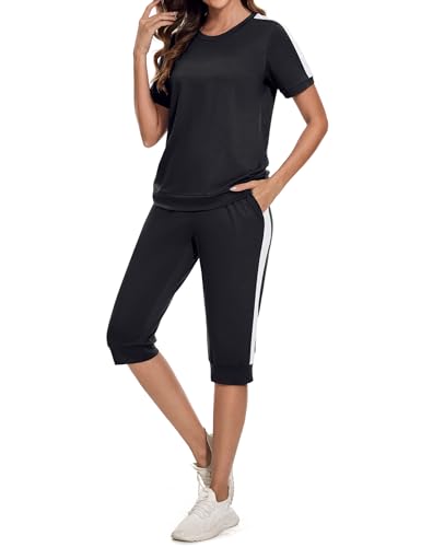 Aottori 2 Teiler Hosenanzug Damen Elegant Zweiteiler Outfit Sommer Trainingsanzug Baumwolle Leinen Freizeitanzug mit Taschen Sportanzug Leicht Einfarbig Loungewear Schwarz XXL von Aottori