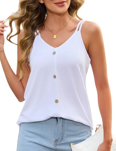 Aottori Basic Damen Tank Top V-Ausschnitt Spaghetti Träger Weiches Baumwollmaterial für Sommer und Nächte Weiß L von Aottori