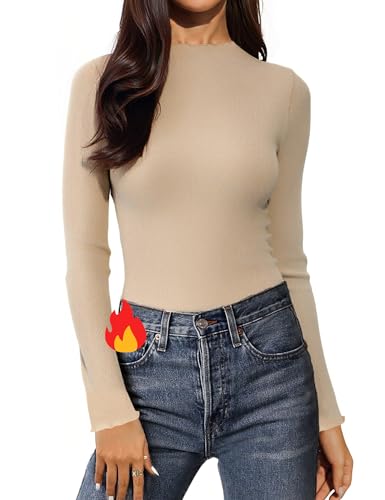 Aottori Basic Langarmshirt Damen Gerippt Oberteile Stehkragen Baumwolle Elegant Thermo Unterhemd Langarm Slim Fit Pulli Eng Casual Beige XXL von Aottori