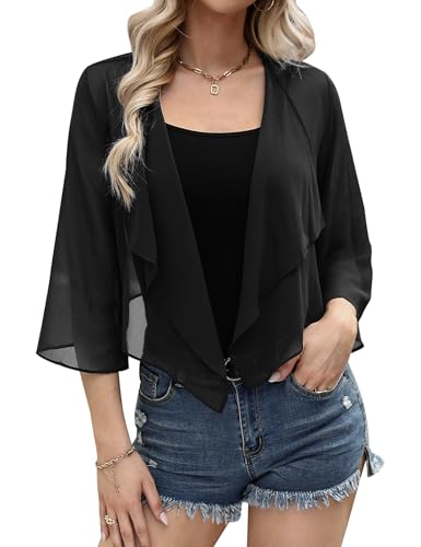 Aottori Bolero Damen Chiffon Cardigan Kurz Sommer Bolerojacke Elegant mit 3/4 Ärmel Schulterjacke Leichte Transparent für Festlich Hochzeit Schwarz XL von Aottori