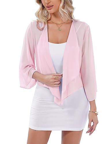 Aottori Bolero Damen Chiffon Schulterjacke mit 3/4 Ärmel Elegant Bolerojacke Festliche Sommer Schulterjacke Transparent Hochzeit Hellrosa L von Aottori