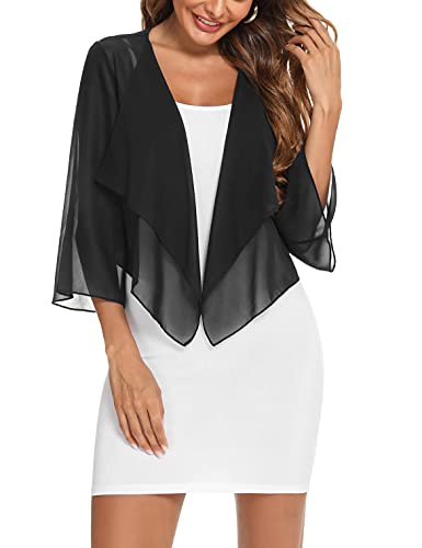 Aottori Bolero Damen Chiffon Schulterjacke mit 3/4 Ärmel Elegant Bolerojacke Festliche Sommer Schulterjacke Transparent Hochzeit Schwarz L von Aottori