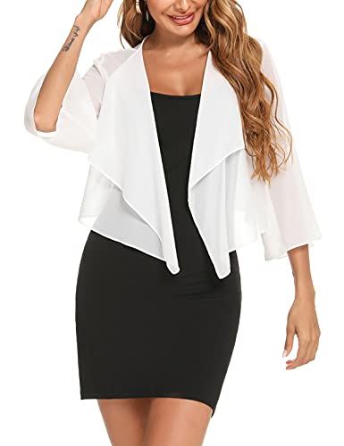 Aottori Bolero Damen Chiffon Schulterjacke mit 3/4 Ärmel Elegant Bolerojacke Festliche Sommer Schulterjacke Transparent Hochzeit Weiß M von Aottori