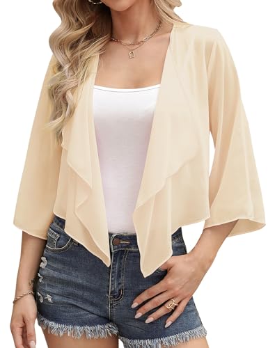 Aottori Bolero Damen Festlich Bolerojacke Chiffon Sommer Cardigan Kurze Elegant Shrug Dünn Jäckchen mit 3/4 Ärmel Casual für Hochzeit Abendkleid Champagner S von Aottori