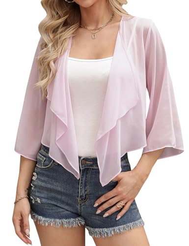 Aottori Bolero Damen Festlich Bolerojacke Chiffon Sommer Cardigan Kurze Elegant Shrug Dünn Jäckchen mit 3/4 Ärmel Casual für Hochzeit Abendkleid Hellrosa L von Aottori