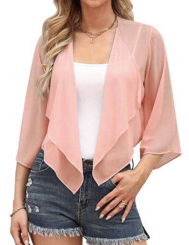Aottori Bolero Damen Festlich Chiffon Cardigan Kurz Sommer Bolerojacke Elegant mit 3/4 Ärmel Schulterjacke Leichte Transparent für Abendkleid Hochzeit Altrosa XXL von Aottori