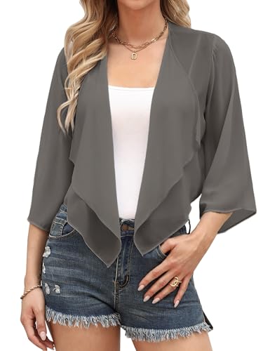 Aottori Bolero Damen Festlich Chiffon Cardigan Kurz Sommer Bolerojacke Elegant mit 3/4 Ärmel Schulterjacke Leichte Transparent für Abendkleid Hochzeit Dunkelgrau XXL von Aottori