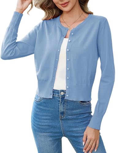 Aottori Cardigan Damen Kurz Strickjacke Langarm Elegant Bolero Festlich Gestrickt Jacke Rundhalsausschnitt Bolerojacke Knopfleiste Einfarbig für Herbst Blau XL von Aottori