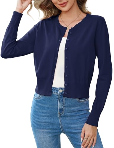 Aottori Cardigan Damen Kurz Strickjacke Langarm Elegant Bolero Festlich Gestrickt Jacke Rundhalsausschnitt Bolerojacke Knopfleiste Einfarbig für Herbst Frühling Dunkelblau XXL von Aottori