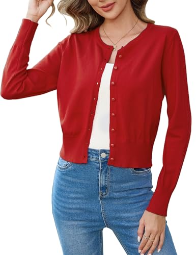 Aottori Cardigan Damen Kurz Strickjacke Langarm Elegant Bolero Festlich Gestrickt Jacke Rundhalsausschnitt Bolerojacke Knopfleiste Einfarbig für Herbst Frühling Rot XXL von Aottori