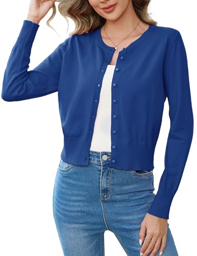 Aottori Cardigan Damen Kurz Strickjacke Langarm Elegant Bolero Festlich Gestrickt Jacke Rundhalsausschnitt Bolerojacke Knopfleiste Einfarbig für Herbst Royalblau XL von Aottori