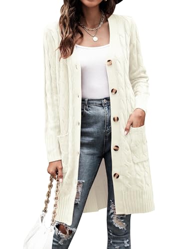 Aottori Cardigan Damen Lang Strickjacke Herbst Winter Strickmantel Langarm Grobstrickjacke Open Front Strickcardigan Casual Weiß S von Aottori