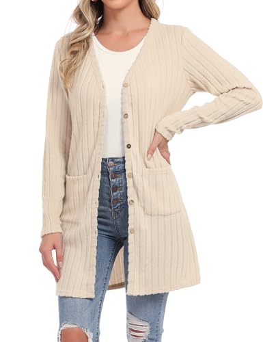 Aottori Cardigan Damen Lang Strickjacke Leichte Elegant Longstrickjacke V-Ausschnitt Sweatjacke mit Taschen und Knöpfen Aprikose XL von Aottori