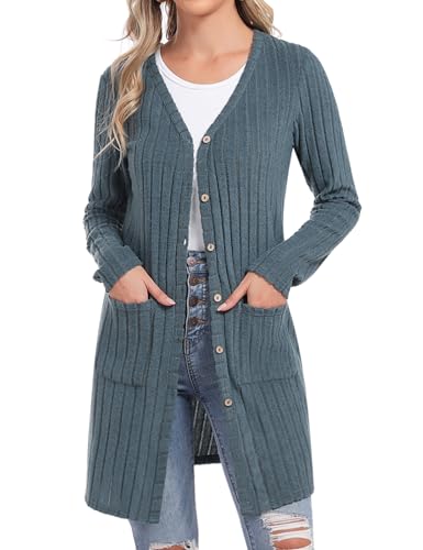 Aottori Cardigan Damen Lang Strickjacke Leichte Elegant Longstrickjacke V-Ausschnitt Sweatjacke mit Taschen und Knöpfen Blau XL von Aottori