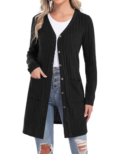 Aottori Cardigan Damen Lang Strickjacke Leichte Elegant Longstrickjacke V-Ausschnitt Sweatjacke mit Taschen und Knöpfen Schwarz XL von Aottori