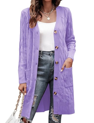 Aottori Cardigan Damen Strick Strickjacke Herbst Winter Strickmantel Elegant Langarm Grobstrickjacke Lange Longstrickjacke Casual Violett M von Aottori