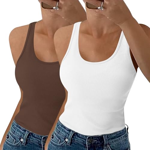 Aottori Damen Ärmellos Tank Top Gerippt Sommer Sexy Oberteile Baumwolle Stretch Weste Slim Fit Basic Shirt Ribbed Tops 2er-Pack Weiß+Braun M von Aottori