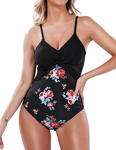 Aottori Damen Badeanzug Einteiliger Cut Out Sexy Bademode Bauchweg V Ausschnitt Schwimmanzug Große Größe Beachwear Push Up Swimsuit Sommer Schwarz/Blume S von Aottori