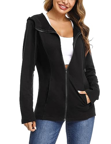 Aottori Damen Basic Sweatjacke Kapuze Einfarbig Kuschelig Dünn Zip Hoodie Kapuzenjacke Sweatshirt-Jacke Schwarz L von Aottori