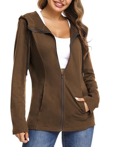Aottori Damen Basic Sweatjacke mit Kapuze Einfarbig Kuschelig Dünn Zip Hoodie Kapuzenjacke Sweatshirt-Jacke Braun M von Aottori