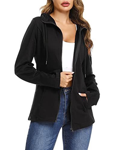 Aottori Damen Basic Sweatjacke mit Kapuze Einfarbig Kuschelig Dünn Zip Hoodie Kapuzenjacke Sweatshirt-Jacke Schwarz XL von Aottori