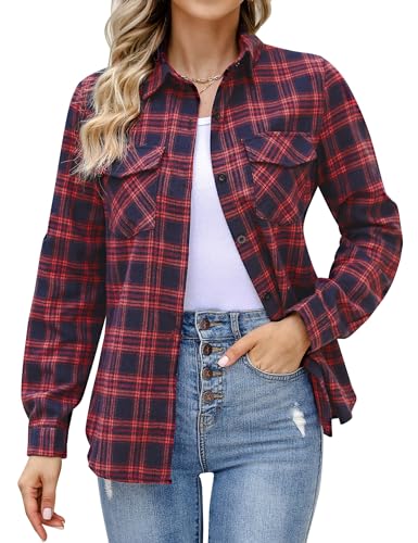 Aottori Damen Baumwolle Hemd Kariertes Karo-Hemd Langarm Button-down V-Ausschnitt Karohemd Bluse Tunika Tops Hemd T-Shirt Casual Freizeit Sommer Blusenshirt A-Marine Rot S von Aottori