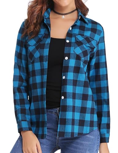 Aottori Damen Baumwolle Hemd Kariertes Karo-Hemd Langarm Button-down V-Ausschnitt Karohemd Bluse Tunika Tops Hemd T-Shirt Casual Freizeit Sommer Blusenshirt Blau XL von Aottori