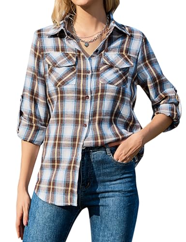 Aottori Damen Baumwolle Kariertes Langarm Hemd - Button-down V-Ausschnitt Bluse Tunika Tops T-Shirt Casual Freizeit Sommer Blusenshirt - Blaubraun XL von Aottori