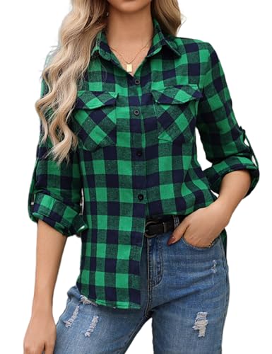Aottori Damen Baumwolle Hemd Kariertes Karo-Hemd Langarm Button-down V-Ausschnitt Karohemd Bluse Tunika Tops Hemd T-Shirt Casual Freizeit Sommer Blusenshirt Grün XXL von Aottori