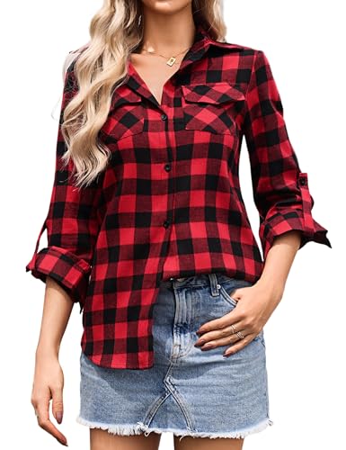 Aottori Damen Baumwolle Hemd Kariertes Karo-Hemd Langarm Button-down V-Ausschnitt Karohemd Bluse Tunika Tops Hemd T-Shirt Casual Freizeit Sommer Blusenshirt Rot 1 L von Aottori