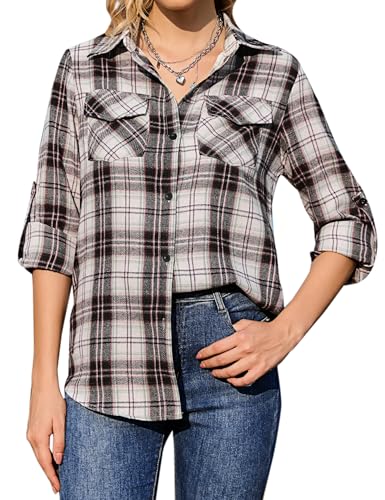 Aottori Damen Baumwolle Hemd Kariertes Karo-Hemd Langarm Button-down V-Ausschnitt Karohemd Bluse Tunika Tops Hemd T-Shirt Casual Freizeit Sommer Blusenshirt Schwarz Rosa XXL von Aottori