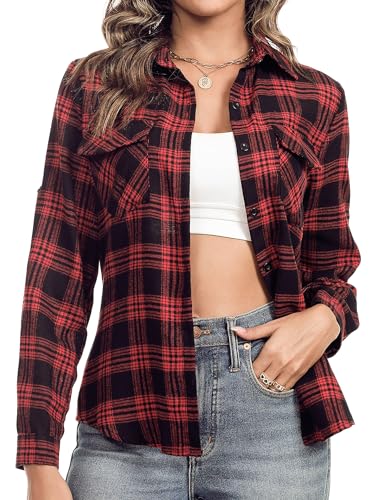 Aottori Damen Baumwolle Hemd Kariertes Karo-Hemd Langarm Button-down V-Ausschnitt Karohemd Bluse Tunika Tops Hemd T-Shirt Casual Freizeit Sommer Blusenshirt Schwarz-Rot S von Aottori