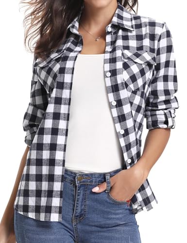 Aottori Damen Baumwolle Hemd Kariertes Karo-Hemd Langarm Button-down V-Ausschnitt Karohemd Bluse Tunika Tops Hemd T-Shirt Casual Freizeit Sommer Blusenshirt Schwarz-Weiss 1 L von Aottori