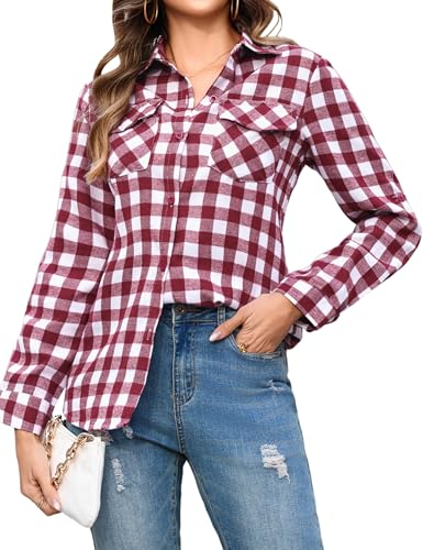 Aottori Damen Baumwolle Hemd Kariertes Karo-Hemd Langarm Button-down V-Ausschnitt Karohemd Bluse Tunika Tops Hemd T-Shirt Casual Freizeit Sommer Blusenshirt Weinrot L von Aottori
