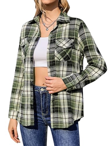Aottori Damen Baumwolle Kariertes Langarm Hemd - Button-Down V-Ausschnitt Bluse Tunika Tops T-Shirt - Casual Freizeit Sommer Blusenshirt - Hellschwarzgrün L von Aottori