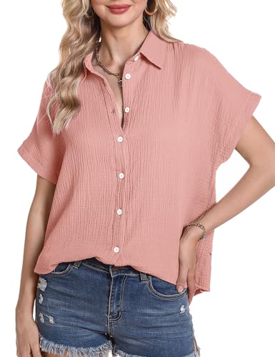 Aottori Damen Bluse Elegant V-Ausschnitt Hemden Kurzarm Casual Oberteile Hemd Lose Einfarbig Tops Tiefes Rosa XXL von Aottori