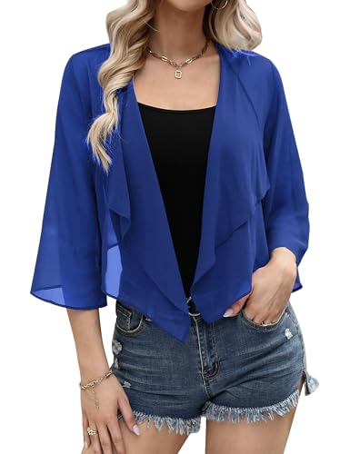 Aottori Damen Bolero Chiffon Cardigan Kurz Sommer Bolerojacke Elegant mit 3/4 Ärmel Schulterjacke Leichte Transparent für Festlich Hochzeit Blau M von Aottori