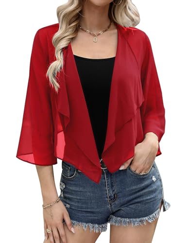 Aottori Damen Bolero Chiffon Cardigan Kurz Sommer Bolerojacke Elegant mit 3/4 Ärmel Schulterjacke Leichte Transparent für Festlich Hochzeit Rot S von Aottori