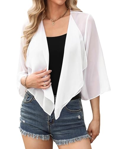 Aottori Damen Bolero Chiffon Cardigan Kurz Sommer Bolerojacke Elegant mit 3/4 Ärmel Schulterjacke Leichte Transparent für Festlich Hochzeit Weiß M von Aottori
