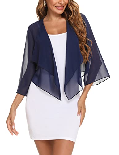 Aottori Damen Bolero Chiffon Cardigan Leichte Kurze Festliche Bolerojacke Elegant Sommer Shrug Schulterjacke Transparent Jäckchen mit 3/4 Ärmel Bettjäckchen Navyblau L von Aottori