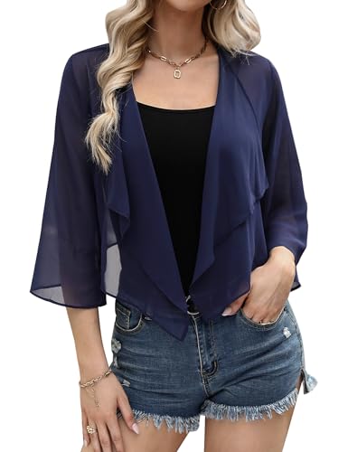 Aottori Damen Bolero Chiffon Cardigan Leichte Kurze Festliche Bolerojacke Elegant Sommer Shrug Schulterjacke Transparent Jäckchen mit 3/4 Ärmel Bettjäckchen Navyblau XXL von Aottori