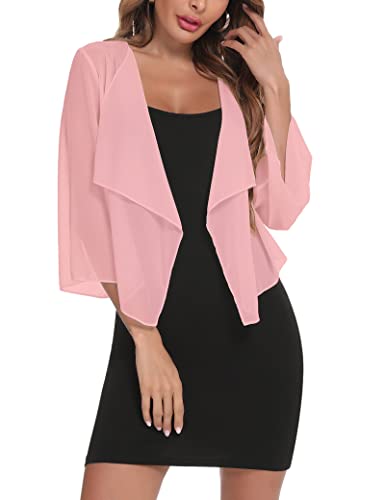 Aottori Damen Bolero Chiffon Cardigan Leichte Kurze Festliche Bolerojacke Elegant Sommer Shrug Schulterjacke Transparent Jäckchen mit 3/4 Ärmel Bettjäckchen Rosa L von Aottori