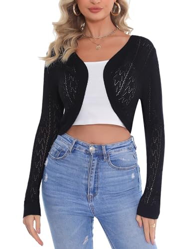 Aottori Damen Bolero Elegant Strickjacke Kurz Sommerjacke Langarm Schulterjacke Festlich Strick Shrug Top Casual zum Kleid für Hochzeit Schwarz M von Aottori