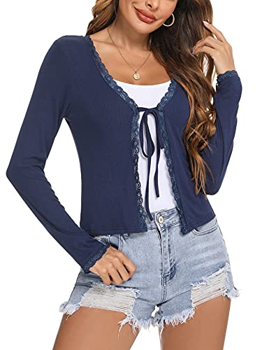 Aottori Damen Bolero Elegante Strickjacke Festlich Cardigan Kurz V Ausschnitt Belerojacke Langarm Schulterjacke Spitze Strick Shrug Casual Navyblau L von Aottori