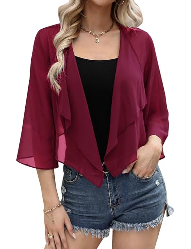 Aottori Damen Bolero Festlich Bolerojacke Chiffon Sommer Cardigan Kurze Elegant Shrug Dünn Jäckchen mit 3/4 Ärmel Casual für Hochzeit Abendkleid Weinrot XL von Aottori