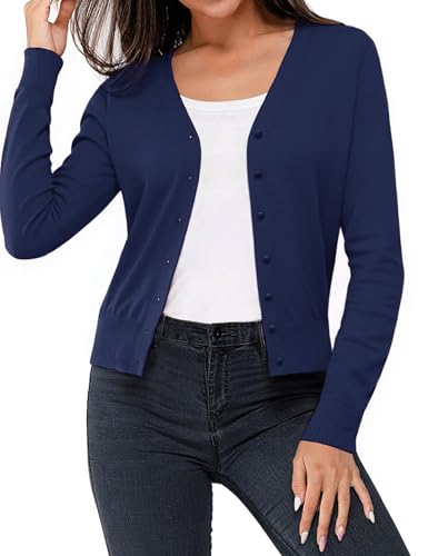 Aottori Damen Bolero Festliche Strickjacke Kurz Elegant Bolerojacke Langarm Schulterjacke V-Ausschnitt Jäckchen Leichte Open Front Shrug Casual für Hochzeit Dunkelblau XXL von Aottori