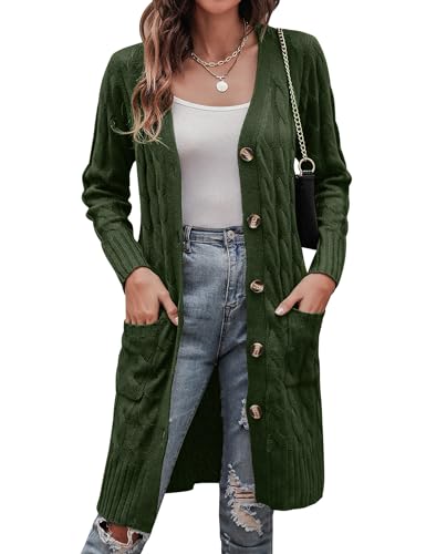 Aottori Damen Cardigan Strick Strickjacke Herbst Winter Strickmantel Langarm Grobstrickjacke Lange Longstrickjacke Casual Armeegrün M von Aottori